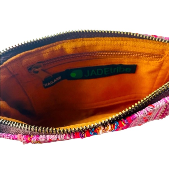 Pink Toned Handcrafted  Woven Jade Tribe Clutch pull tab and leather Fringe - Picture 4 of 12